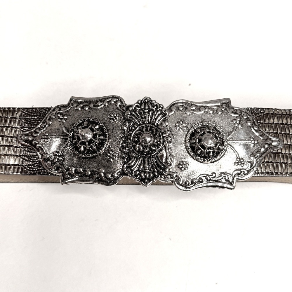 Vtg Randell & Marcus Belt Women ML Silver Ornate Filigree Buckle Lizard Embossed